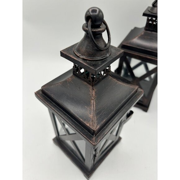 2 Metal and Glass Candle Lanterns Oil Rubbed Bronze New 10" x 4" Votive Candle h - Picture 9 of 14